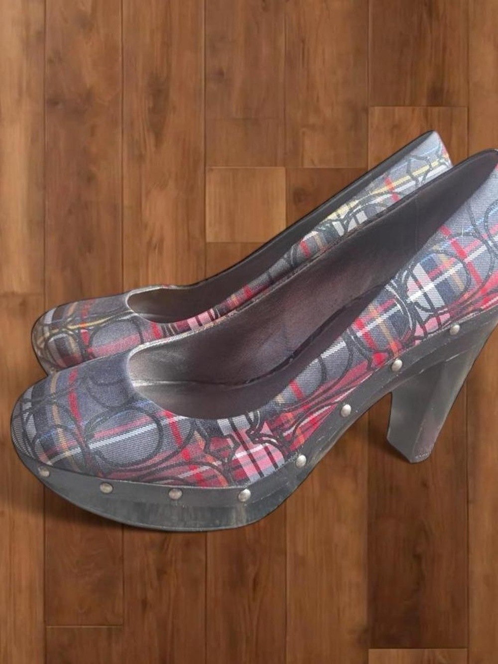 Coach Plaid Platform Pumps in Gray and Red